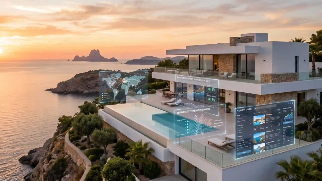 Editorial image of contemporary architecture in Ibiza with subtle data layers, international connectivity and technological innovation.