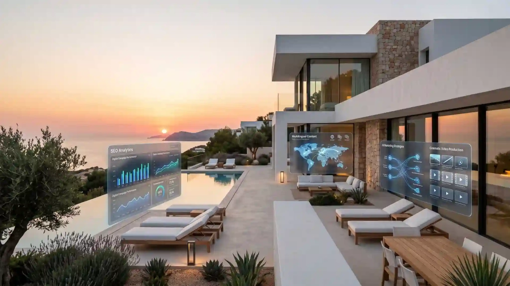 Villa op Ibiza met discrete dashboards voor marketing, content, audiovisuele productie en internationale distributie.