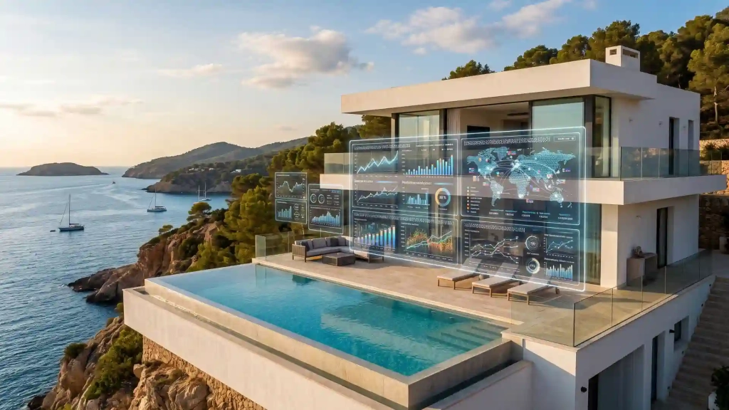 Contemporary Ibiza villa with visualisations of market trends, location data and property investment scenarios.