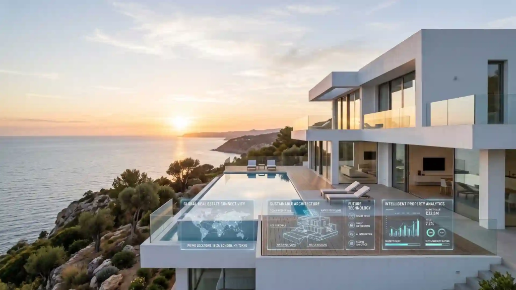 Villa in Ibiza at sunrise with subtle visualisations of connectivity, sustainability and intelligent analysis.