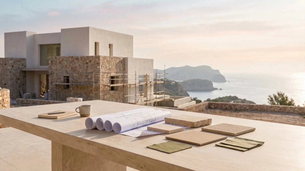 Woning op plan kopen op Ibiza met eigentijdse architectuur en projectdocumentatie.