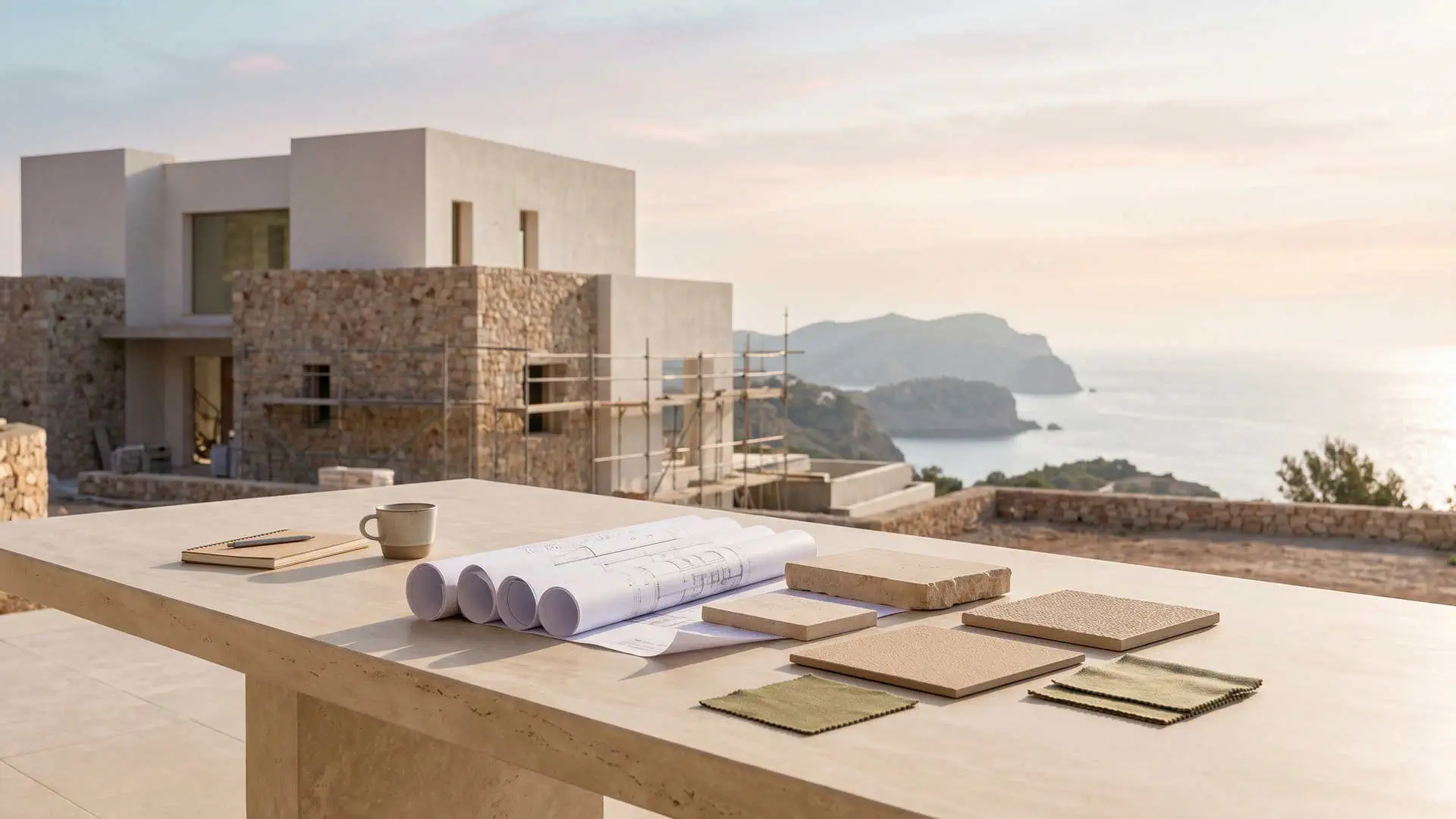 Woning op plan kopen op Ibiza met eigentijdse architectuur en projectdocumentatie.