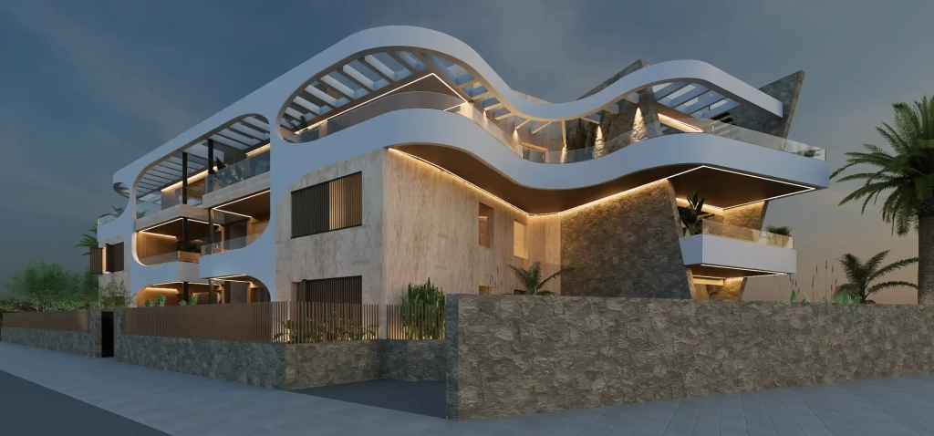 Exterior of Ibiza Elegance Residences in Jesús, Ibiza, with terraces and a communal pool.